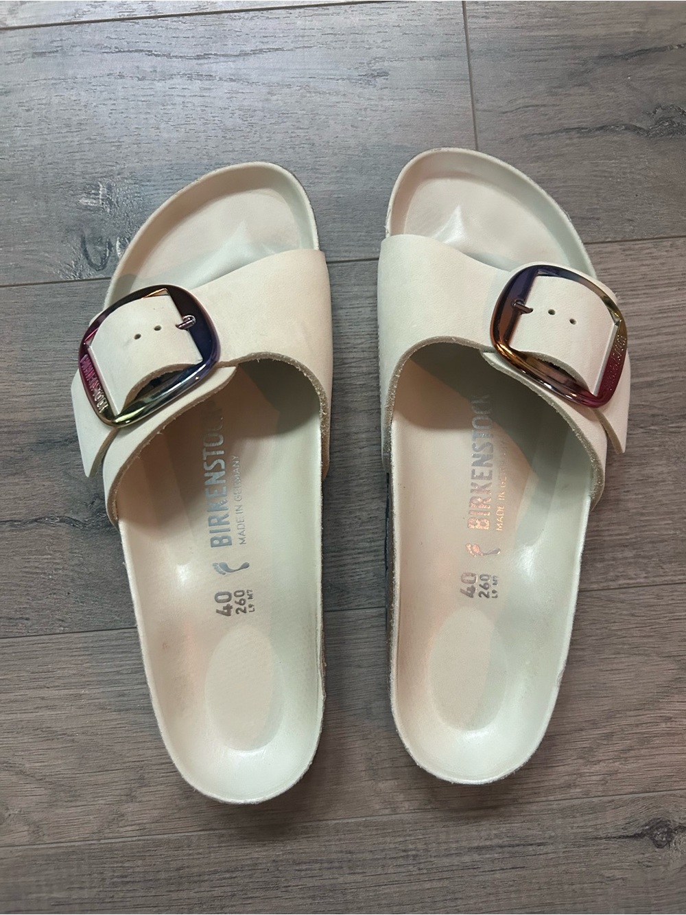 Birkenstock Cream Single-Strap Slides with Iridescent Buckles